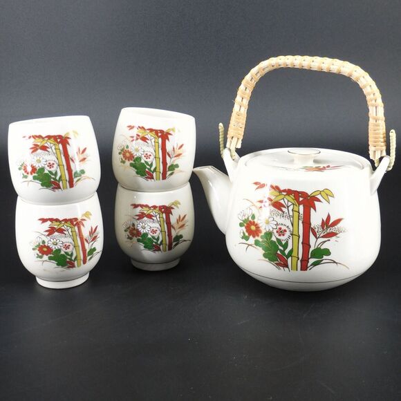 Vintage Armbee Floral Teapot Bamboo Handle Cups Set - Picture 1 of 7